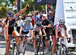 Courteney Lowe celebrates victory in the elite road national championships last year.